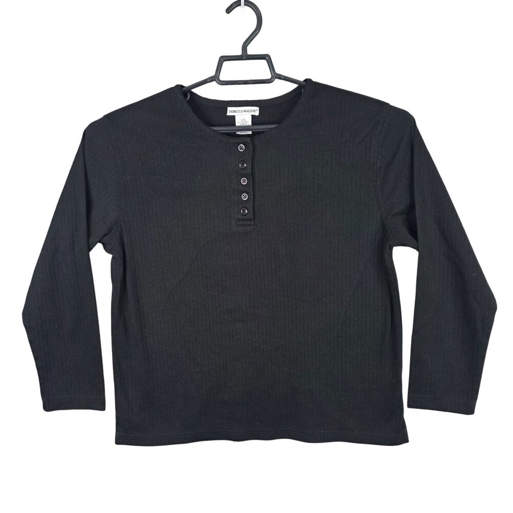 Womens Rebecca Malone Black Henley Shirt Long Sleeve Cotton Polyester Blend L